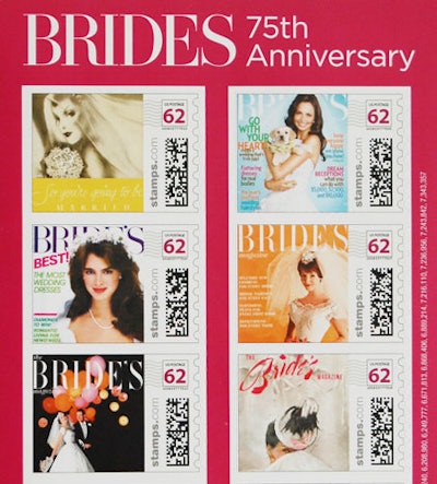 A Practical Memento Customized postage isn't new, but it can be a memorable, affordable, and useful gift. For its 75th anniversary in New York in January, Bride's magazine included a sheet of 10 62-cent U.S. Postal Service stamps in the gift bag, enough to mail a few notoriously bulky wedding invitations.