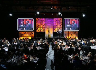 The stage set at the Emmy Foundation's College Television awards featured two screens and a lighting scheme that changed throughout the presentation.