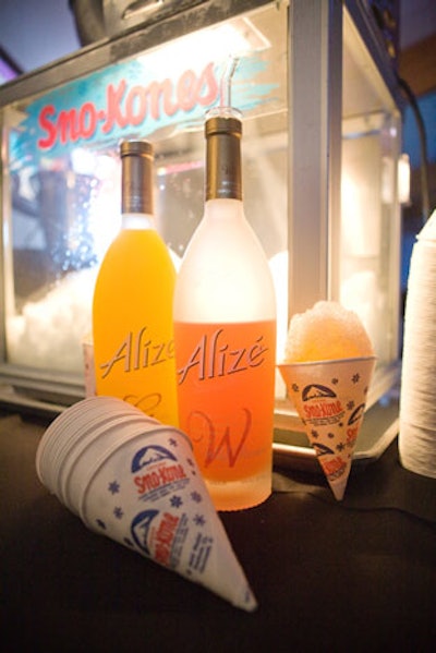 The bar at Perez Hilton's party highlighted alcohol sponsor Alizé, which served its liqueur in a snow cone.