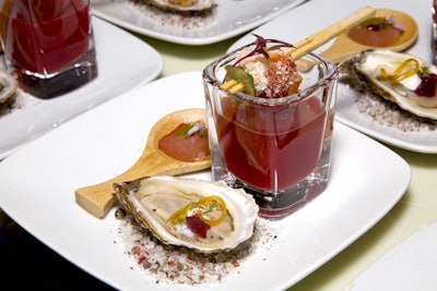 Michael Psilakis of Anthos served an oyster, a piece of raw nairagi (striped marlin), and a shot of a blood orange, gin, and Campari cocktail.