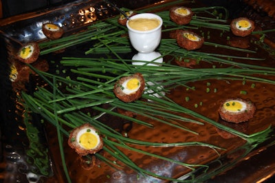 Gourmet's English-inspired menu included unconventional passed plates such as miniature beef Wellingtons and Scotch eggs.