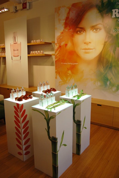 Organizers displayed bottles of the new Roots Source fragrances atop lighted pillars decorated with illustrations of tea leaves and bamboo stalks.