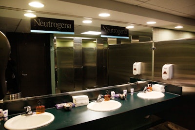 Neutrogena stocked bathrooms with assorted cosmetics.