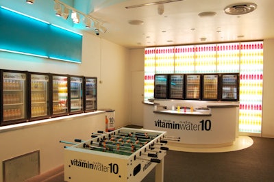 Guests can pick up any of the VitaminWater10 flavors from refrigerators throughout the space, or consult with a staffer at one of the bars first.