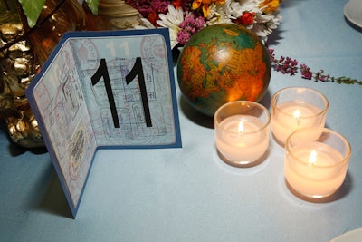 Joseph Leigh Designs' decor included miniature globes and table numbers printed on fake passports.