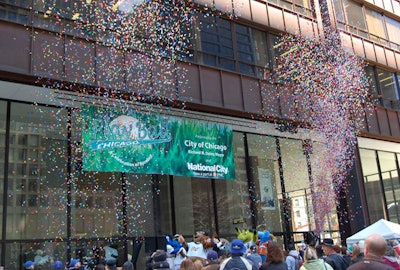 The afternoon's brief lineup of speeches concluded with a confetti burst.