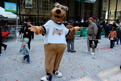Team mascots, including the Schuamburg Flyers' Bearon, wandered through the plaza and posed for photos.