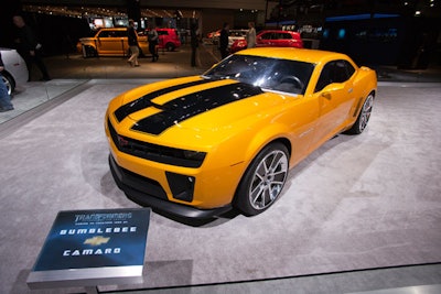 General Motors brought in cars used in the upcoming Transformers film, but couldn't construct the giant model of an actual Transformer robot until after the press preview.
