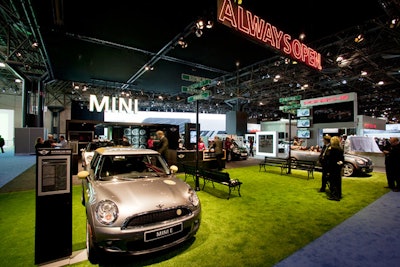 For the Mini Cooper display, producers built a small Astroturf lawn, complete with park benches and street signs.