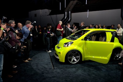 After the car's dramatic descent, Scion invited the press onstage to photograph and explore the small concept vehicle.