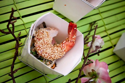Dinah Koo of Dinah's Soup Kitchen and Koo & Co. Catering served sake-marinated shrimp on sushi pilaf.