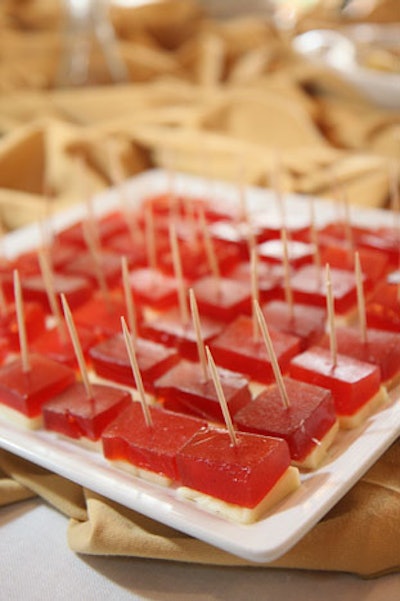 The dessert buffet featured squares of quince jelly and Monterey Jack cheese, secured with a tooth pick.