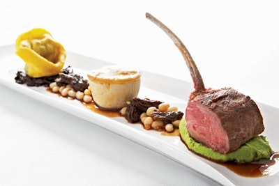 Entrée Splurge: Lamb tasting: roasted rack of lamb with truffle and fava bean purée, lamb tortellini with sautéed Swiss chard, braised lamb potpie with white bean ragout, morel mushrooms, and roasted garlic jus, $39 per person, from Design Cuisine in Washington