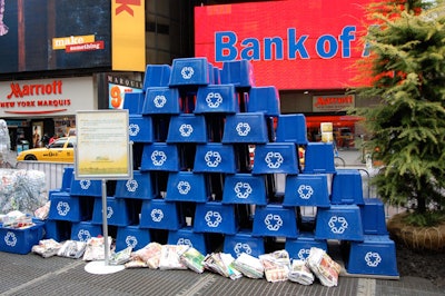 To remind visitors that not many tools are needed to recycle, Marcal built a seven-foot pyramid of blue recycling bins.