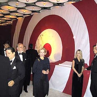 The museum's lobby was decorated with a giant bull's-eye (for decor sponsor Target), Alexander Calder's sculpture 'The Brass Family,' and white carpet.