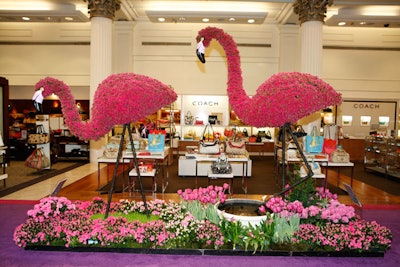 Some 2,500 kalanchoe blossoms comprise each flamingo in the store's handbag department.