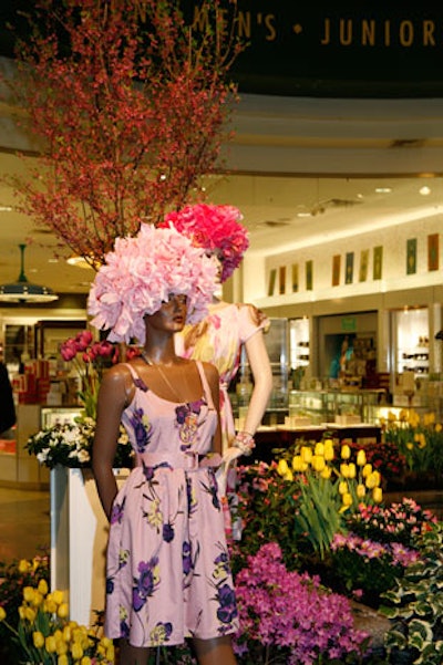 Mannequins sport floral headpieces and looks from the store's spring collections.