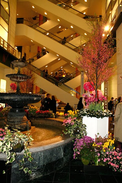 Tulips and potted cherry trees surround the store's indoor fountain.