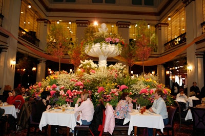 Nearly 125 plastic flamingos decorate the fountain in the center of the Walnut Room.