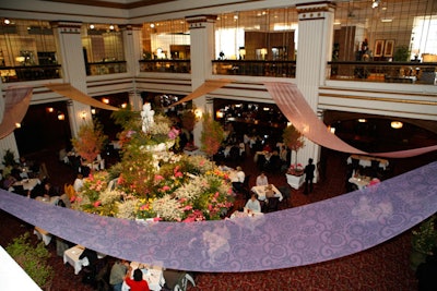 Macy's in-house design team crowned the Walnut Room with banners of pastel fabric.