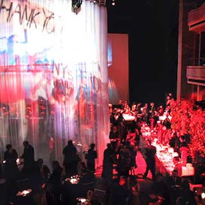 In the center of the ballroom, EventQuest hung sheer white fabric from the ceiling, creating a smaller lounge area in the center of the room and creating an intimate feeling in the large space.
