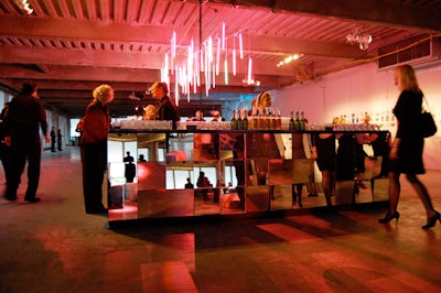 Neon lights above the mirror-ball bar looked predominantly pink or blue, depending on guests' line of sight.