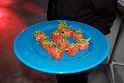 Appetizers included hollowed out pieces of watermelon stuffed with jalapeno and dill.