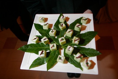 Blue Plate Catering's hors d'oeuvres included cucumber cubes with whipped feta mousse, mint, and Kalamata olives.