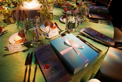 Take-home gifts sat beside place settings at the table sponsored by Tiffany & Company.