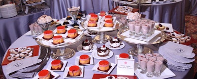 A cherry-themed dessert buffet included brandied cherry charlotte and mini cherry tarts.