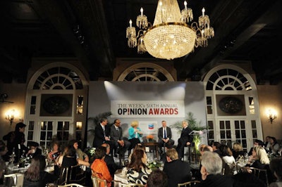 During the panel discussion, The Week editor-at-large Harold Evans (far right) served questions to participants, left to right, MSNBC Morning Joe hostJoe Scarborough, Washington Post columnist Eugene Robinson, Senator Claire McCaskill, and Senator Lindsey Graham.