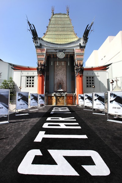 The Star Trek logo stretched across a black carpet leading to the entrance of Grauman's Chinese Theatre.