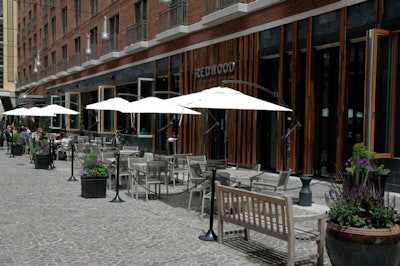 Redwood's 100-seat outdoor cafe is located on a pedestrian-only cobblestone street lined with shops.
