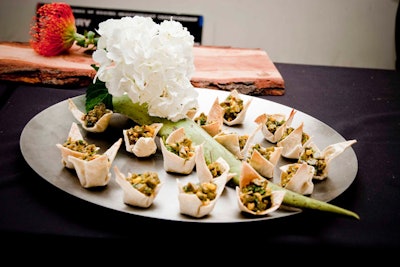 Sublime Catering prepared a selection of hors d'oeuvres for the cocktail reception, including chicken empanadas with tomato salsa and grilled cactus with chimichurri sauce and roasted corn.