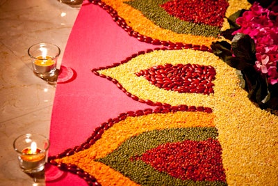 Dried beans and lentils were used to create a display featuring Rangoli, a traditional Indian art form.