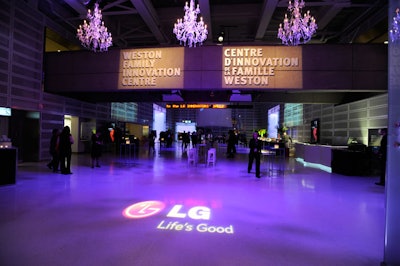 The LG logo shone on the floor and crystal chandeliers hung from the ceiling in the Westin Family Innovation Centre.