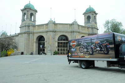 Two Harley-Davidson motorcycles sat outside the entrance to the Liberty Grand.