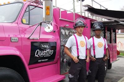 Models dressed as firemen donned the campaign T-shirts and handed out Schick razors to guests in the parking lot outside the event.