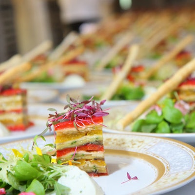The first course was a spring vegetable tower of red and yellow bell pepper layered with cheese.