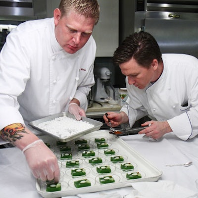 At the Atlantic Media dinner, Susan Gage chefs prepared an amuse bouche of cucumber gelee with fresh almonds, topped with sea salt and cayenne pepper.