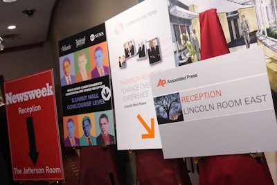Signage at the top of escalators directed guests to the parties on the hotel's concourse level.