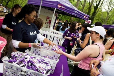 With their $15 admission fee, guests of Workout in the Park got a canvas bag to fill with as many snacks and product samples as they could find.