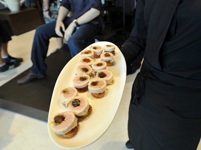 Passed hors d'oeuvres from Atelier Thuet Catering included Mennonite chicken canapés stuffed with leek and cranberry.