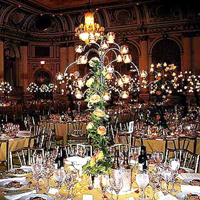 For the Casita Maria Fiesta benefit dinner at the Plaza, Philip Baloun Designs brought in 32 wrought iron French votive trees in place of floral centerpieces.