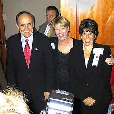 Magazine Publishers of America former chair Cathy Black (center) and MPA president Nina Link greeted Mayor Giuliani at the American Magazine Conference at the Sheraton New York.