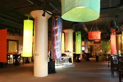 Fabric columns added pops of color to the lower level of Fulton's on the River.