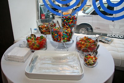 Le Basque Productions set up three dessert stations, including a candy table with M&Ms, gummy bears, and jelly beans.