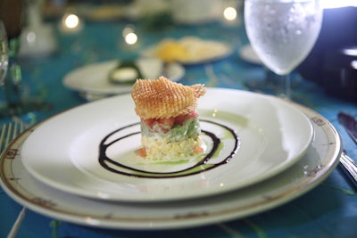 The first course was a tian of tomato, avocado, and roasted corn, topped with a potato wafer.