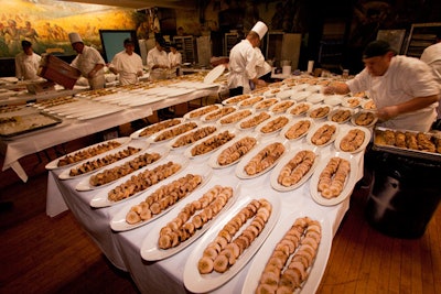 Great Performances chefs prepared the evening's buffet behind the scenes, including hundreds of trays of maple-roasted chicken roulade with savory Belgian-waffle stuffing.