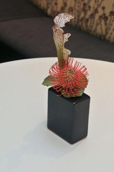 Simple floral arrangements from Carl Davenport Designs decorated tabletops in the office's reception space.